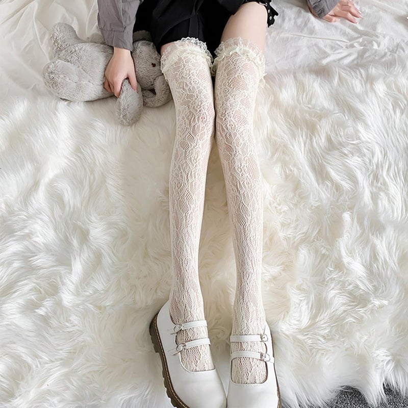 Ninejuize Thigh High Stockings with Bow, Santa Accessory Y2K Fishnet Socks with Lace Brim Lingerie Tights for Women - Image 1